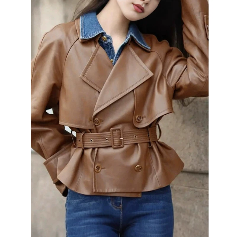 2025 Autunno Pantaloncini in vera pelle Giacca Casual da donna Elegante doppiopetto Cintura con lacci Donna A-livello Cappotti di pelle di pecora Top