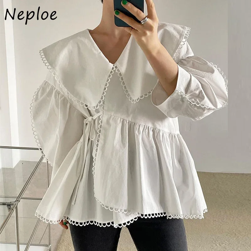 Neploe Spring Temperament Turn-down Collar Stitching Woman Blouses Hollow Lace High Waist Irregular Hem Shirts Women Ladies Tops