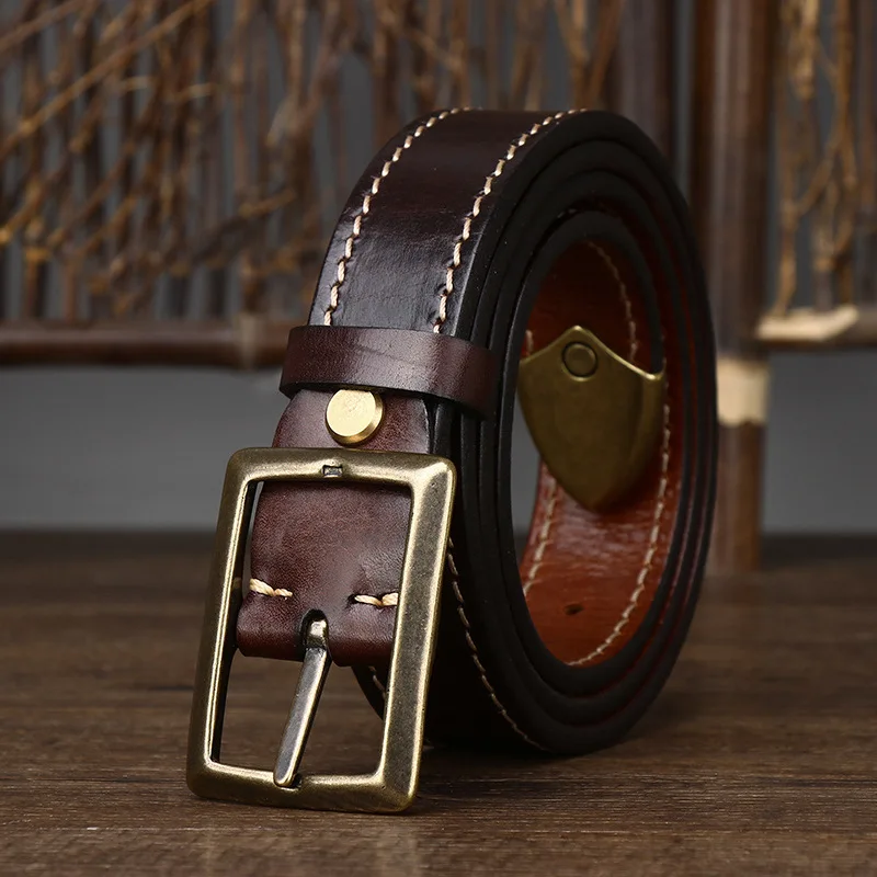 3.3CM Pure Cowhide High Quality Genuine Leather Thicken Belts for Men Strap Male Brass Buckle Jeans Cowboy Cintos Luxury Unisex