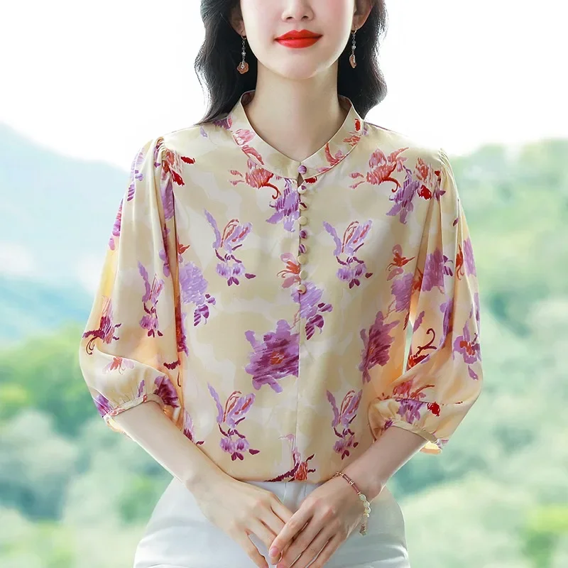 Satin Women's Blouses Korean Vintage Shirts FASHION Loose Spring/Summer Clothing Printed Short Sleeve Women Tops