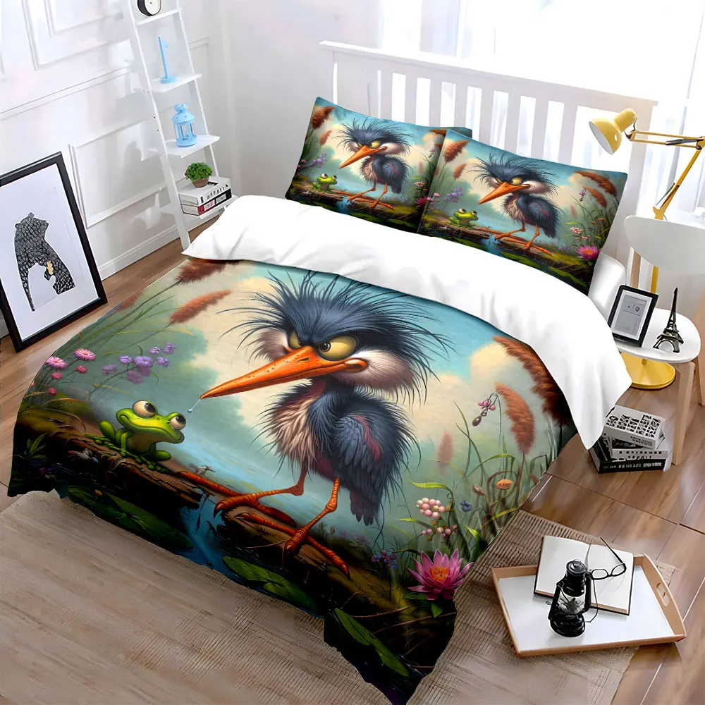Angry bird with surprised frog Print Bedding Set 1 Duvet Cover 2 Pillowcases for Adult and Children Luxury Gift Full Size