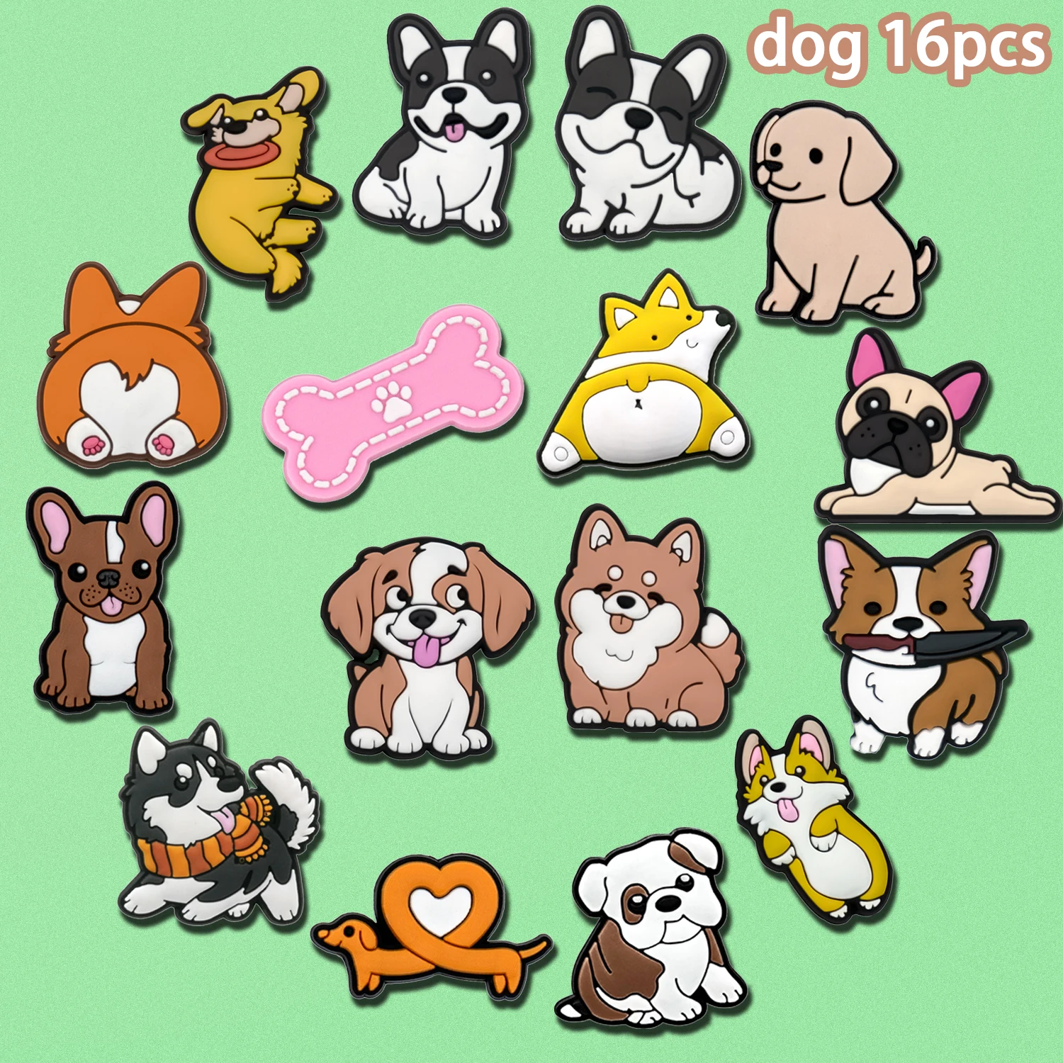 

1/16pcs Cute Dog Shoe Charms for Women Girls Corgi Husky Dachshund Shoe Accessories Decoration Pink Bone Pin Clog Jeans Kids