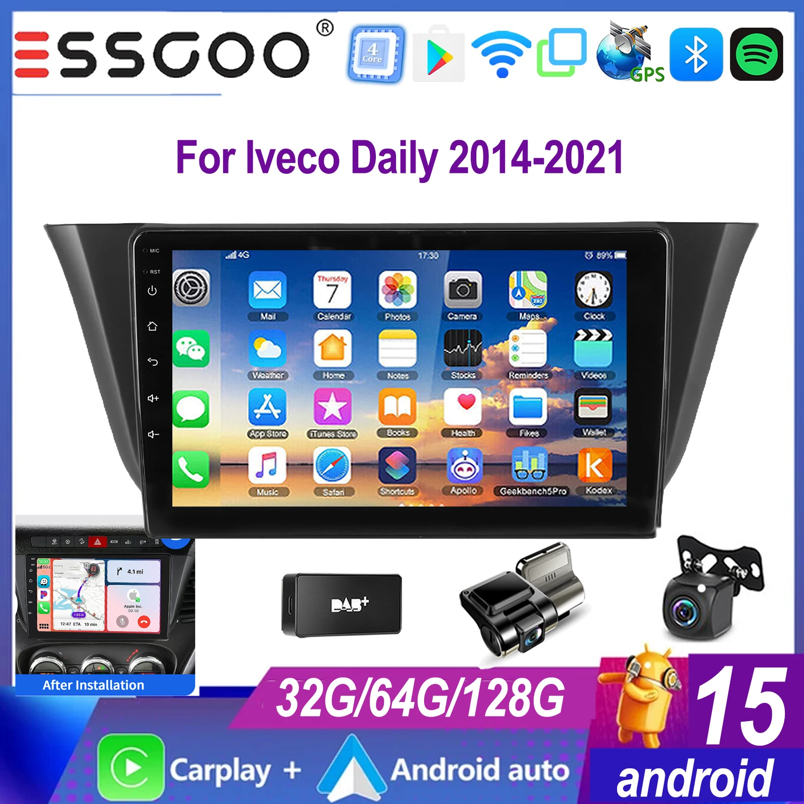 ESSGOO 9"Wireless Carplay For Iveco Daily 2014-2021 Car Stereo Radio Android15 GPS NAV SWC Bluetooth Wifi RDS USB FM Mirror link