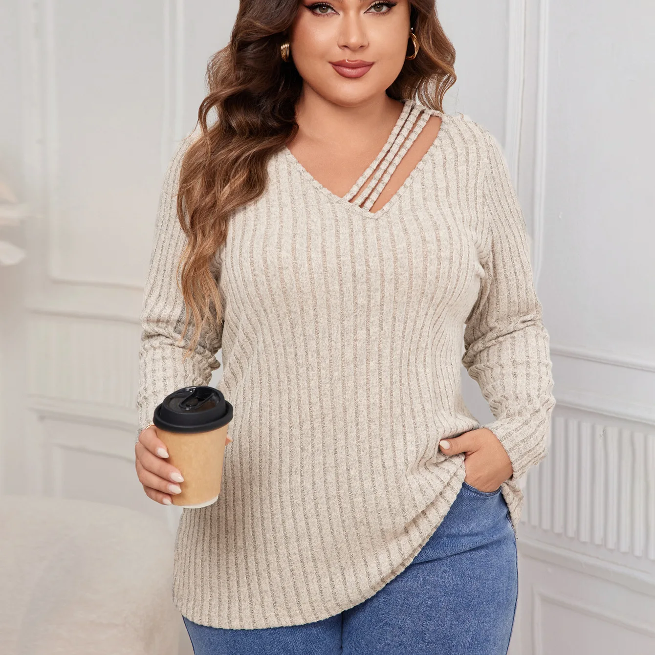 Plus Size Women's Knitted Sweater V Neck Solid Khaki Oversized Clothing for Women Simple Loose Fashion Autumn Winter