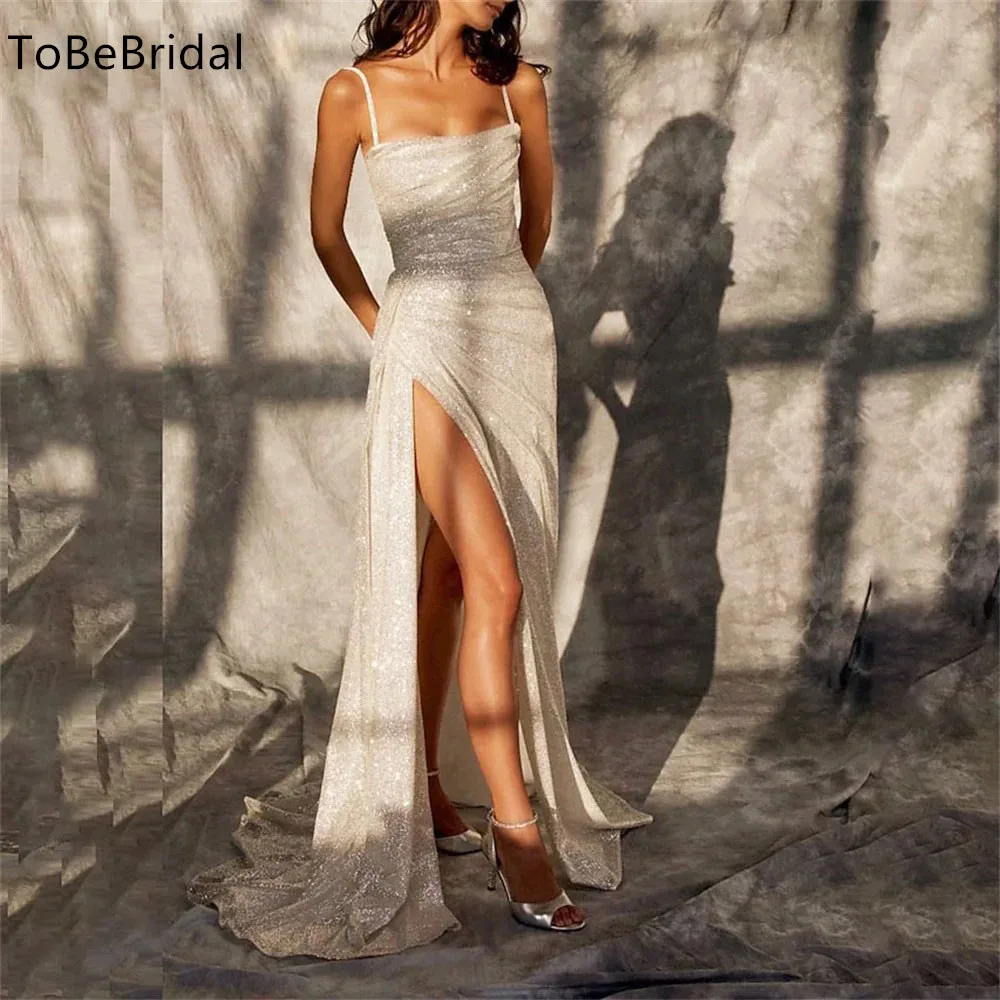 

Luxurious Women's Evening Dresses Italian Noodle Strap White Prom Dress Side Slit Elegant Wedding Party Dress Customized