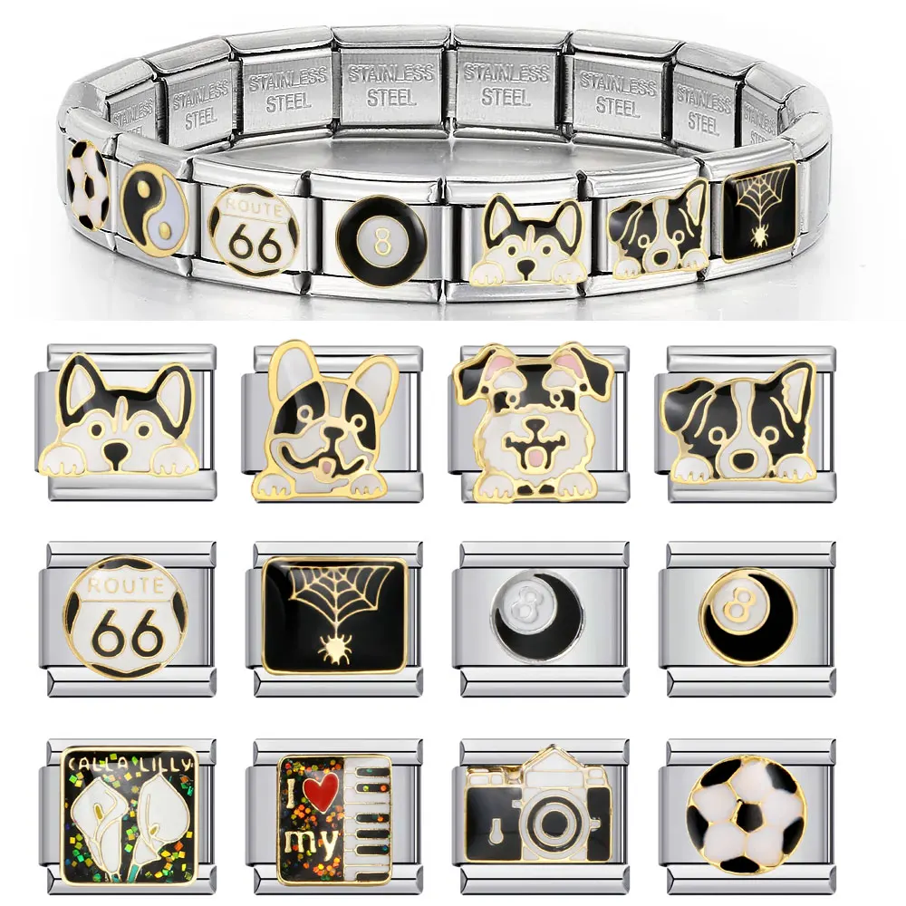 Dice Football Dog Cat Camera Spider Web Italian Charm Link Women Men Fit 9mm Italian Charm Stainless Steel Bracelet DIY Jewelry