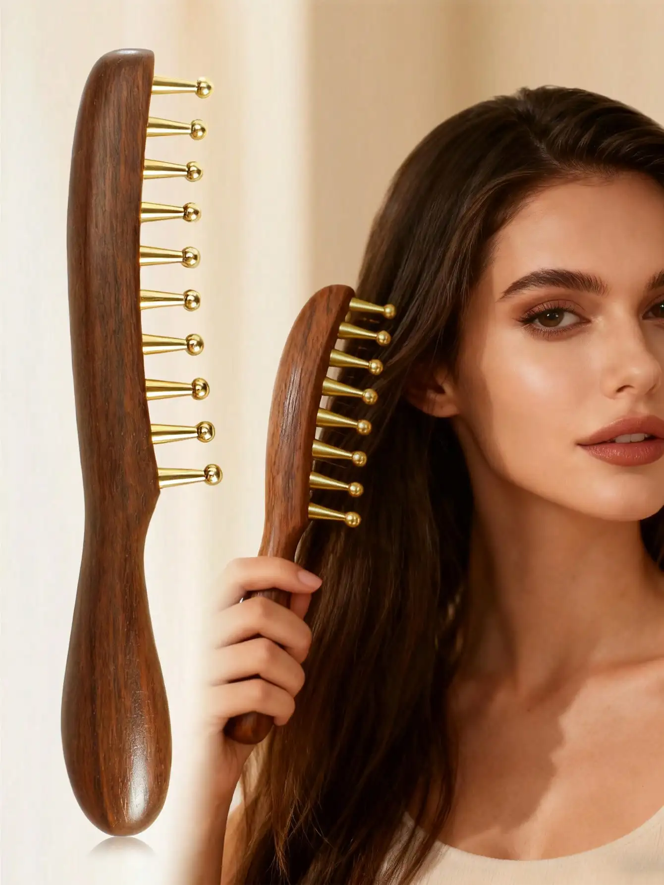 

1pc Wide-Tooth Brass Long Handle Comb, Round Large Teeth Scalp Massage Brush for Curly Straight Hair Styling
