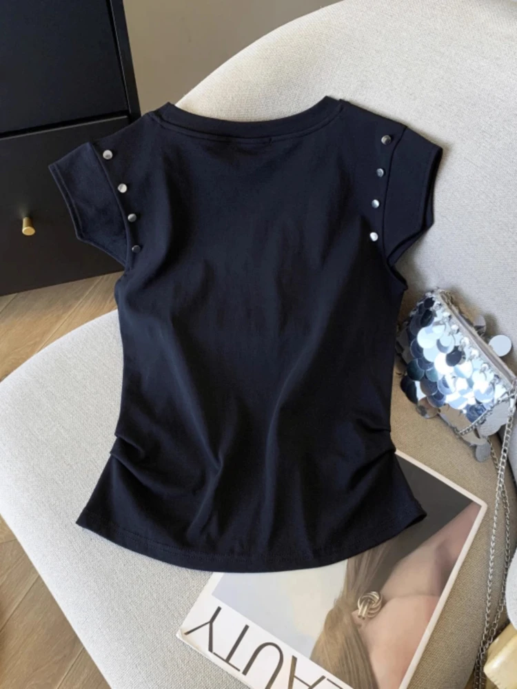 แฟชั่น Y2k เสื้อยืดแขนกุดหญิงฤดูร้อนใหม่ Rivet CHAIN Splicing สีทึบเสื้อไหล่แขนสั้น TOP Tees ผู้หญิง