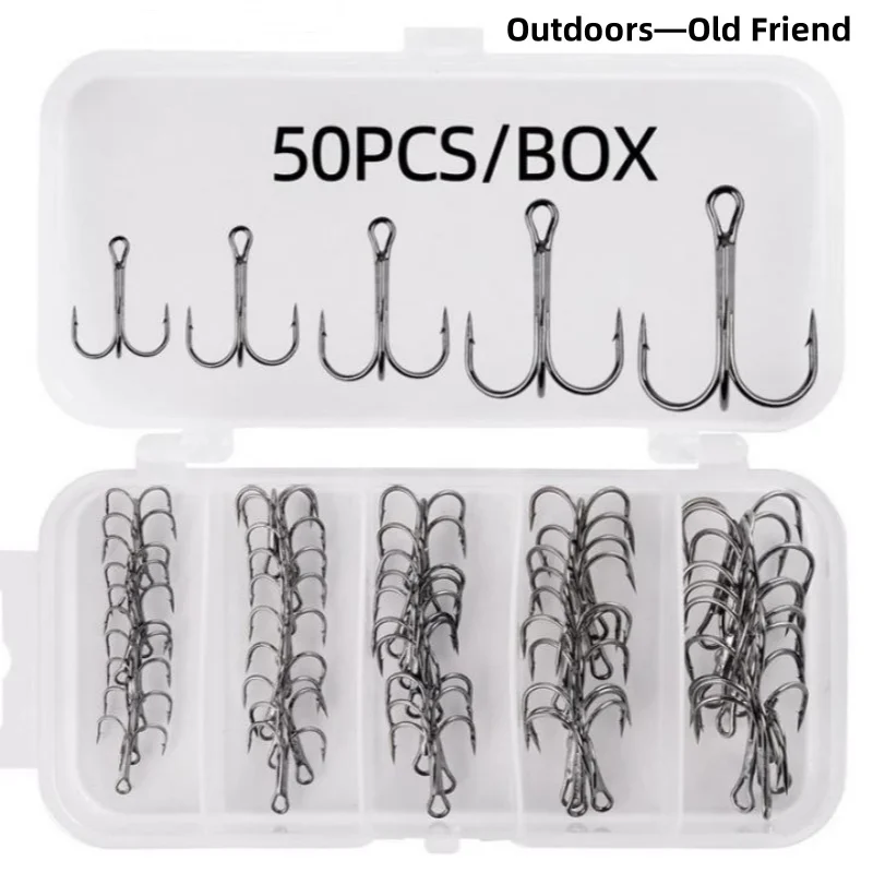 

50Pcs /Box New #2/#4/#6/#8/#10 Fishing Hook High Carbon Steel Treble Overturned Hooks Fishing Tackle Round Bend Treble For Bass