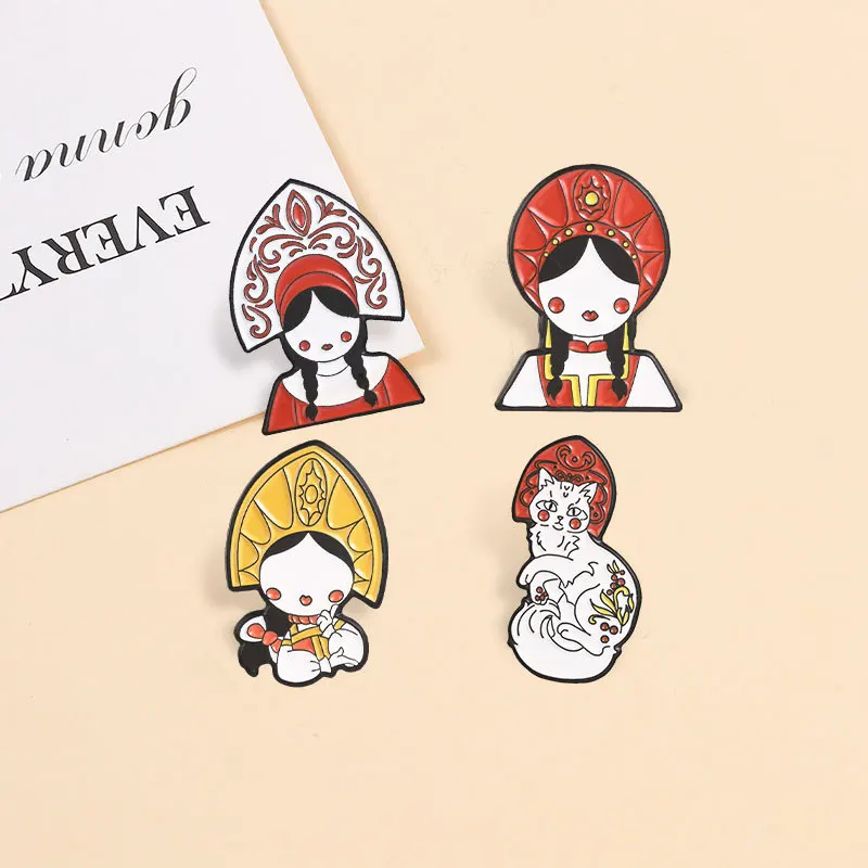 Russian Traditional Girl Design Brooch Vintage Cartoon Cat Metal Badge Enamel Pin Unisex DIY Clothing Bags Hat T-shirt Accessory
