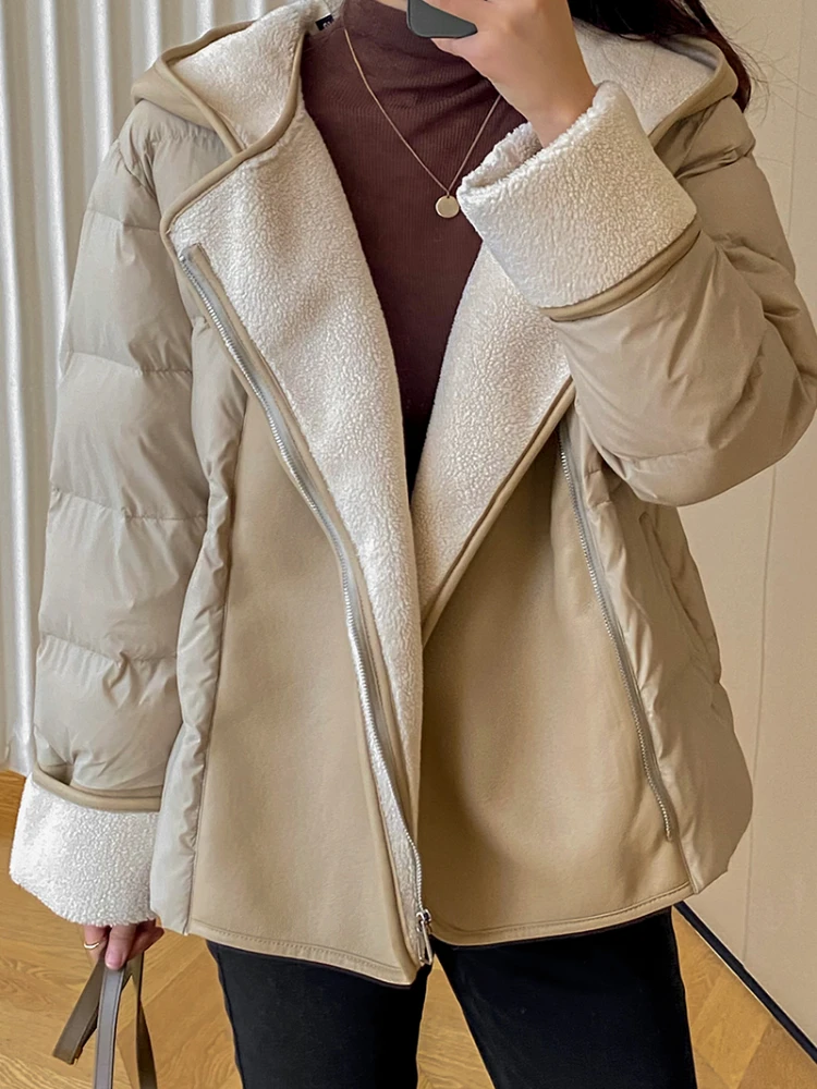 

LY VAREY LIN New Winter Women Thick Warm Hooded Down Coat Faux Lamb Leather Patchwork White Duck Down Coat Lady Fashion Parkas