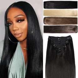 Extensiones de cabello humano con Clip para mujer, pelo liso brasileño Remy, Color negro Natural, 120G, 8 unidades/set, 26 pulgadas, 4 613