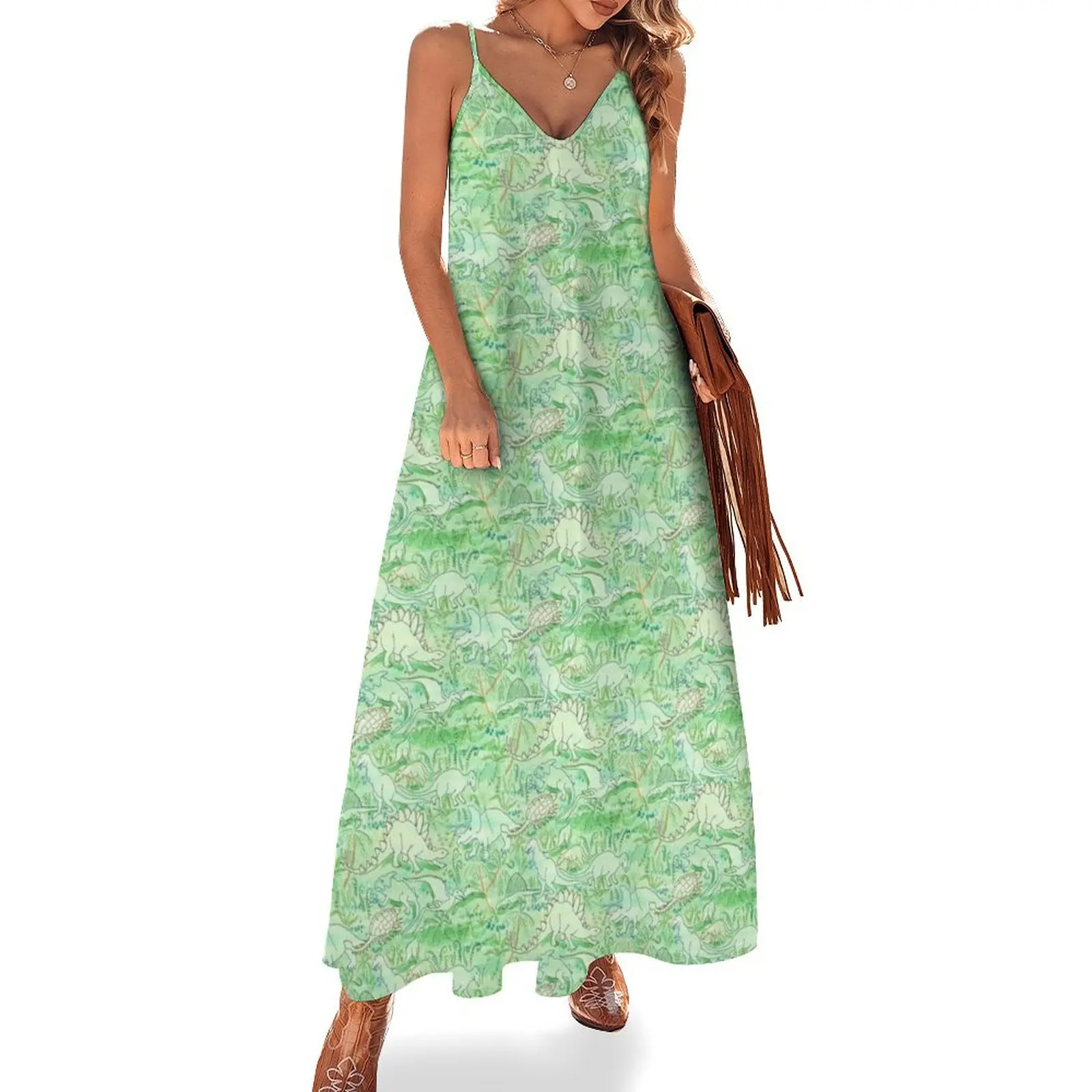 

Dinosaurs in Primeval Jungle in Green Blue and Brown Sleeveless Dress long dresses for women women long dresses