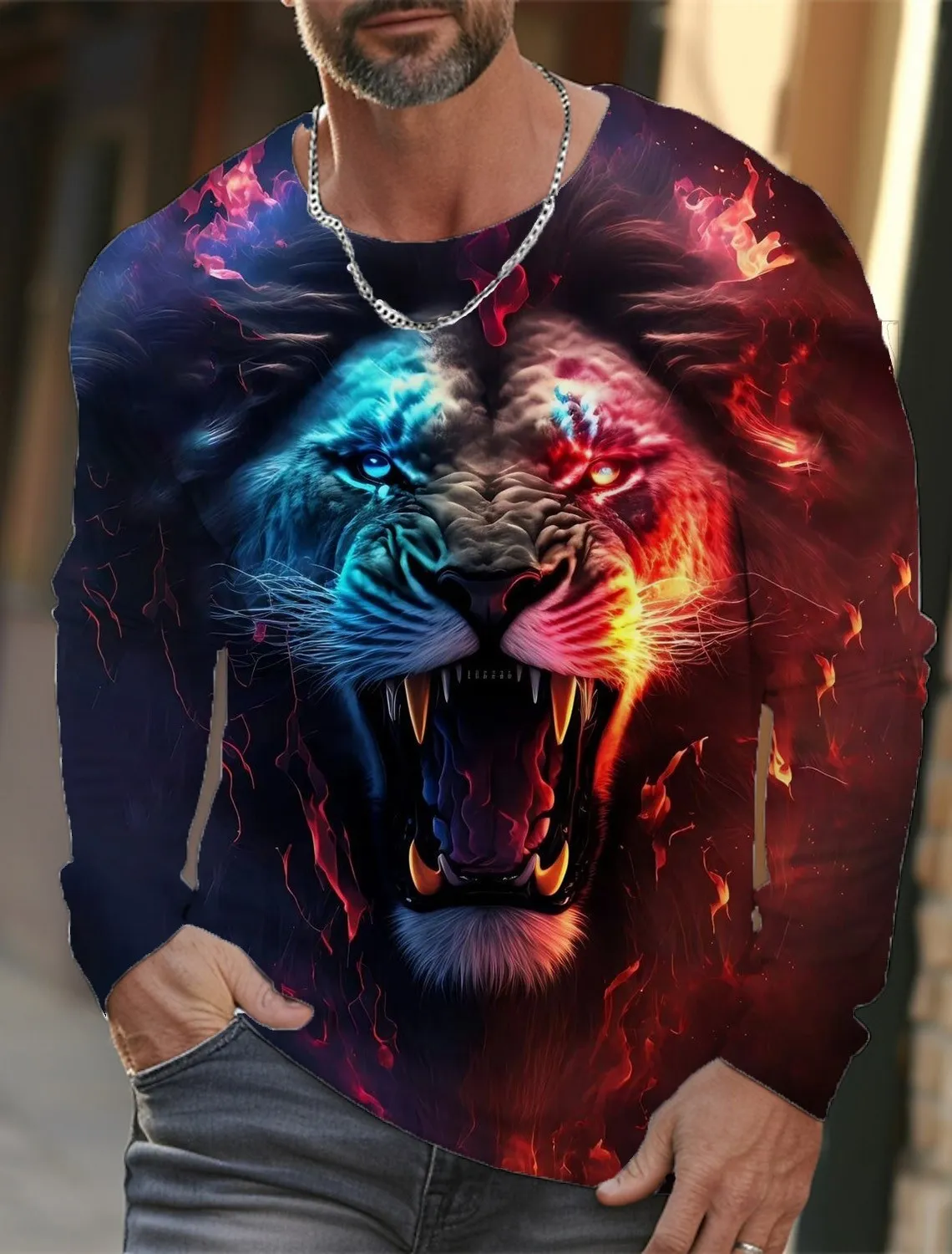 Men\'s Round Neck Long Sleeves T-shirt animal Lion wolf and scorpion Pattern Printing 3D Printing Outdoor Daily Design funds