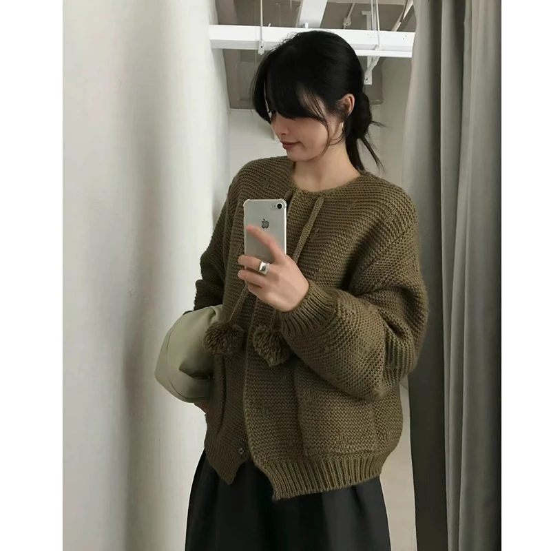 Nowość 2025 Koreański Styl Jesień Zima Damski Rozpinany Sweter Casualowy Luźny Kardigan z Okrągłym Dekoltem Długi Rękaw Dzianinowy Sweter Y18