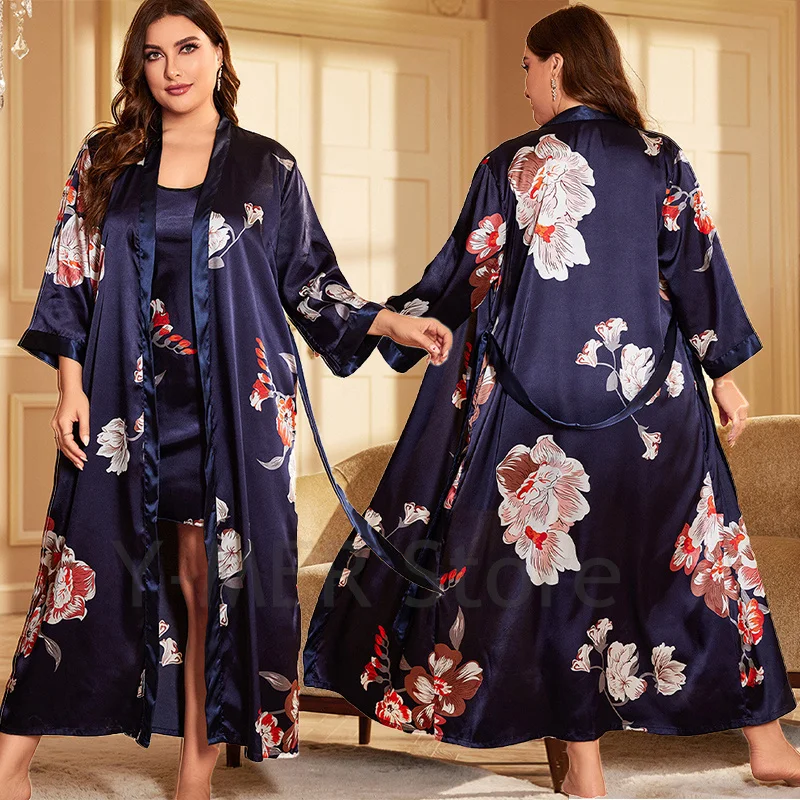 Large Size Robe Women Satin Print Flower Kimono Bath Gown V-Neck Sleepwear Gray Bathrobe Nightgown Summer Loungewear With Belt