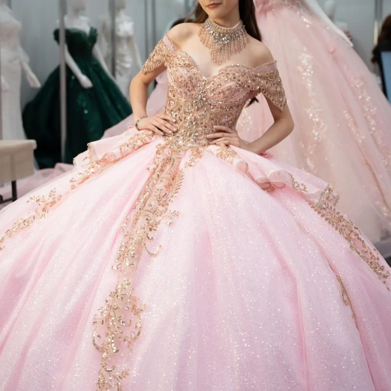 

Shiny Pink Quinceanera Dresses Off the Shoulder Crystal Golden Glitter Decal Long tail Vestido De 15 Quinceanera Customize