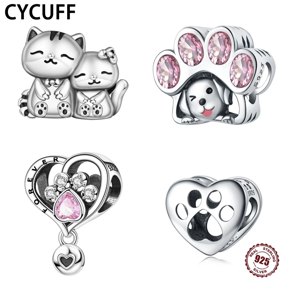 CYCUFF 2025 925 Sterling Silver Hot Sale Animal Series Fit Original Charm Bracelets Cute Pet Paw Prints Beads Women Jewelry Gift