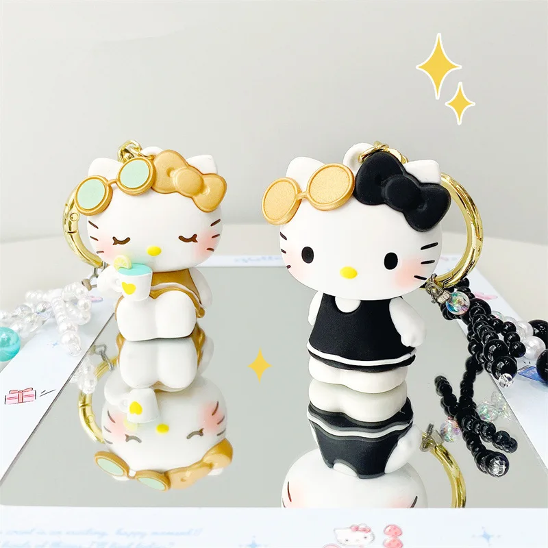 산리오 헬로 키티 카와이 레저 홀리데이 시리즈 인형 비즈 자동차 키체인 귀여운 만화 가방 펜던트 소녀를 위한 생일 선물