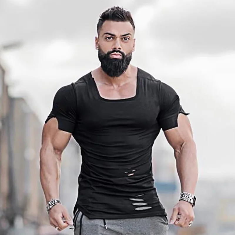 Men Running Sport Hip Hop Hole T-Shirt Cotton Breathable Short Sleeve Square Collar Shirt Gym Bodybuilding Fitness Slim Fit Tops