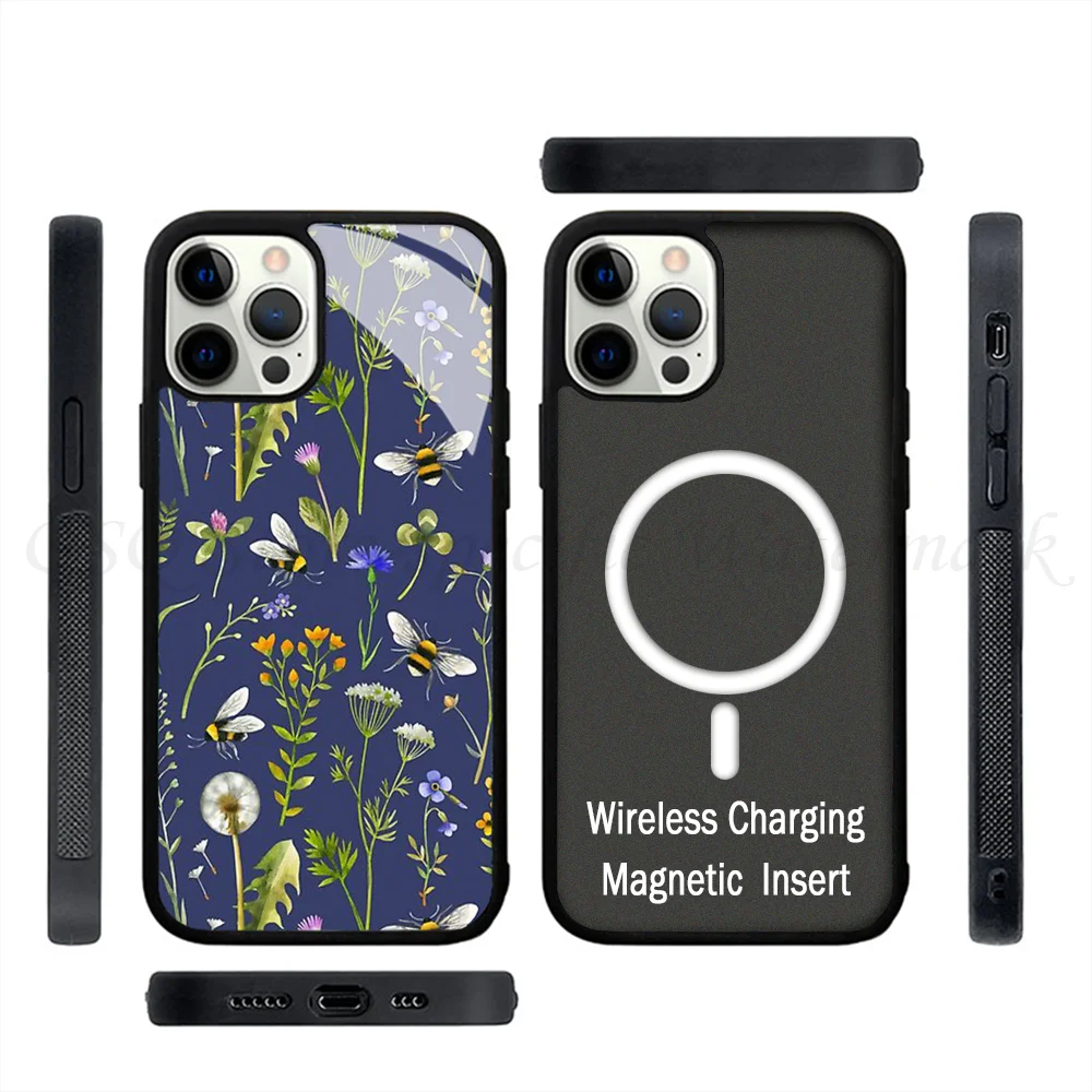 Bees And Wildflowers Dark Blue Phone Case Strong Magnetic For IPhone 15 14 13 Pro Max 11 12 Mini Alex