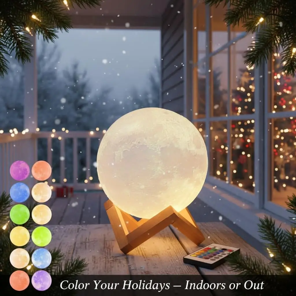 Large 9.6' Moon Night Light with Wooden Base, Touch-Dimmable & Rechargeable, 16 Colors for Bedroom Decor