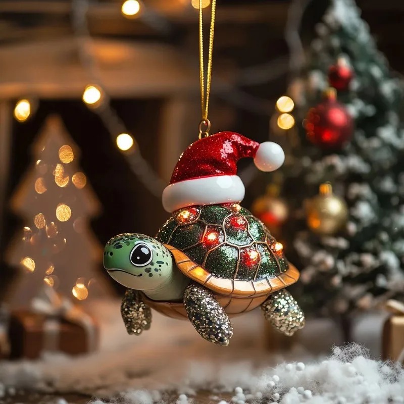 2D Flat Acrylic Turtle Christmas Tree Hanging Ornament, Cute Turtle Design Pendant Festive Home Tree Decor Lovely Gift for Party