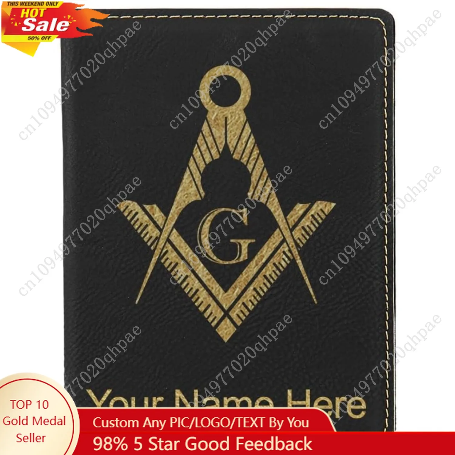 

LaserGram Faux Leather Passport Holder, Freemason Symbol, Personalized Engraving Included (Black with Gold)
