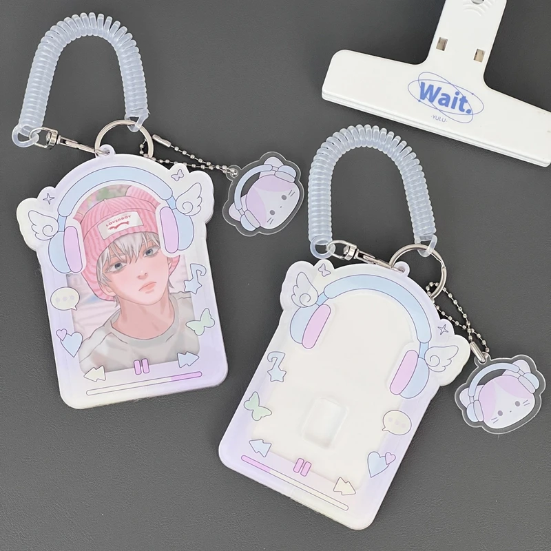 Korean Cute Headphone Acrylic Card Holder 3 Inch Kpop Idol Photo Protective Display Sleeves with Pendant Kawaii Stationery Gifts