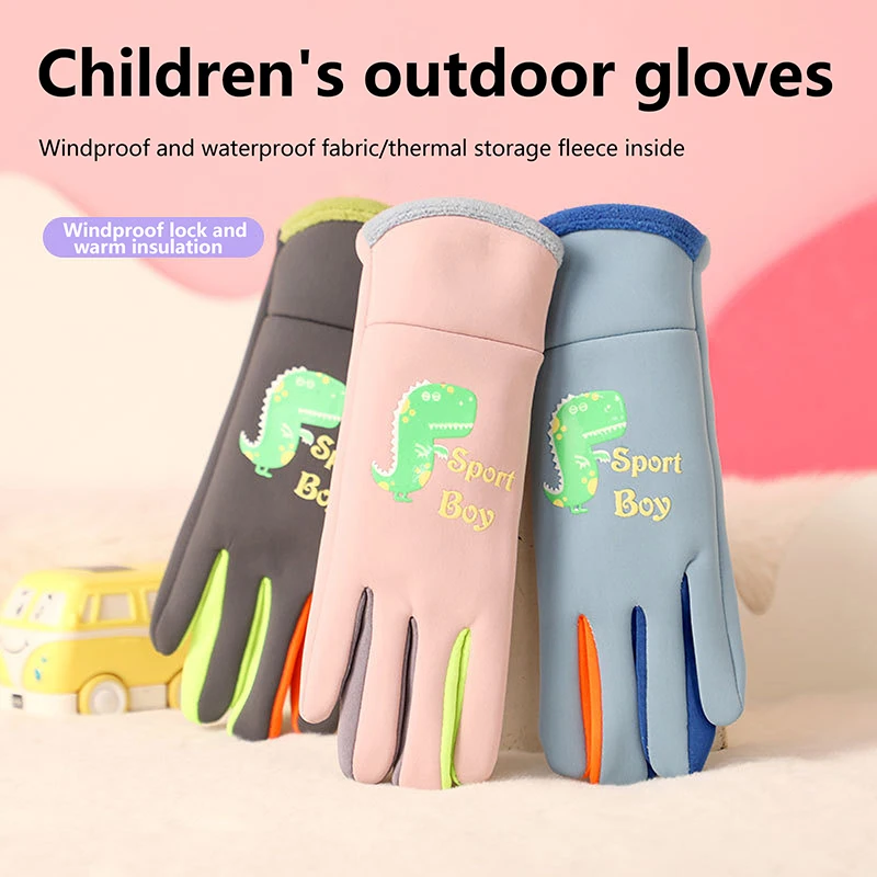 1 Pair Kids Windproof Waterproof Gloves With Fleece Cuffs Cycling Mitten Winter Children Thicken Skiing Gloves