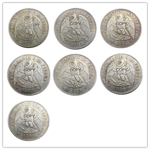 

Chile A Set Of (1875- 1891) 7pcs 1PESO Silver Plated Copy Coins