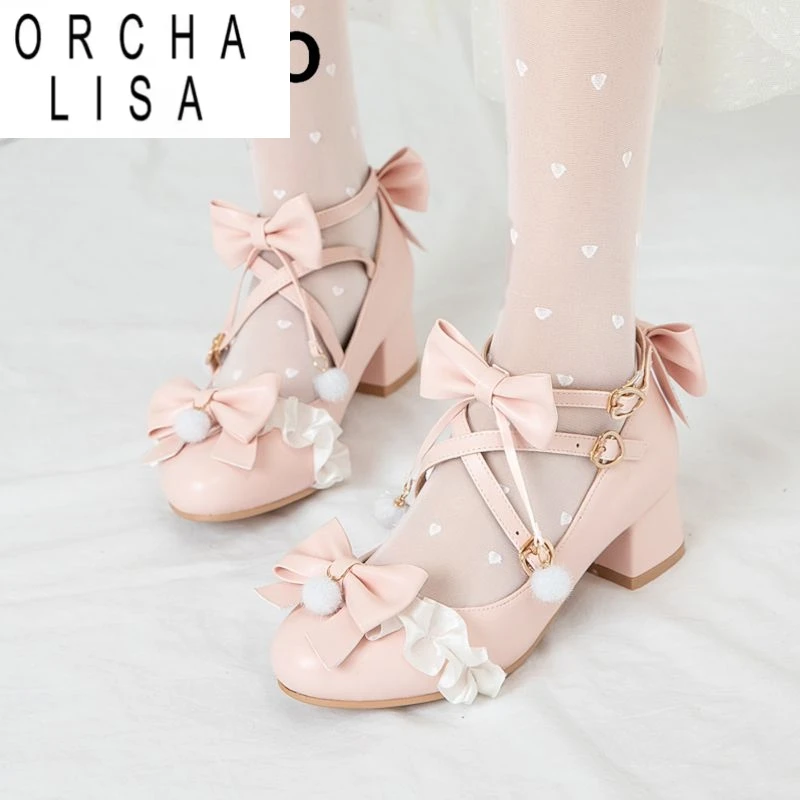

ORCHA LISA 2025 Sweet Лолита Стиль Туфли-лодочки для девочек с круглым носком и блочным каблуком 4 см с пряжкой и ремешком и бантом Большие размеры 45, 46 47 48 Туфли для свиданий