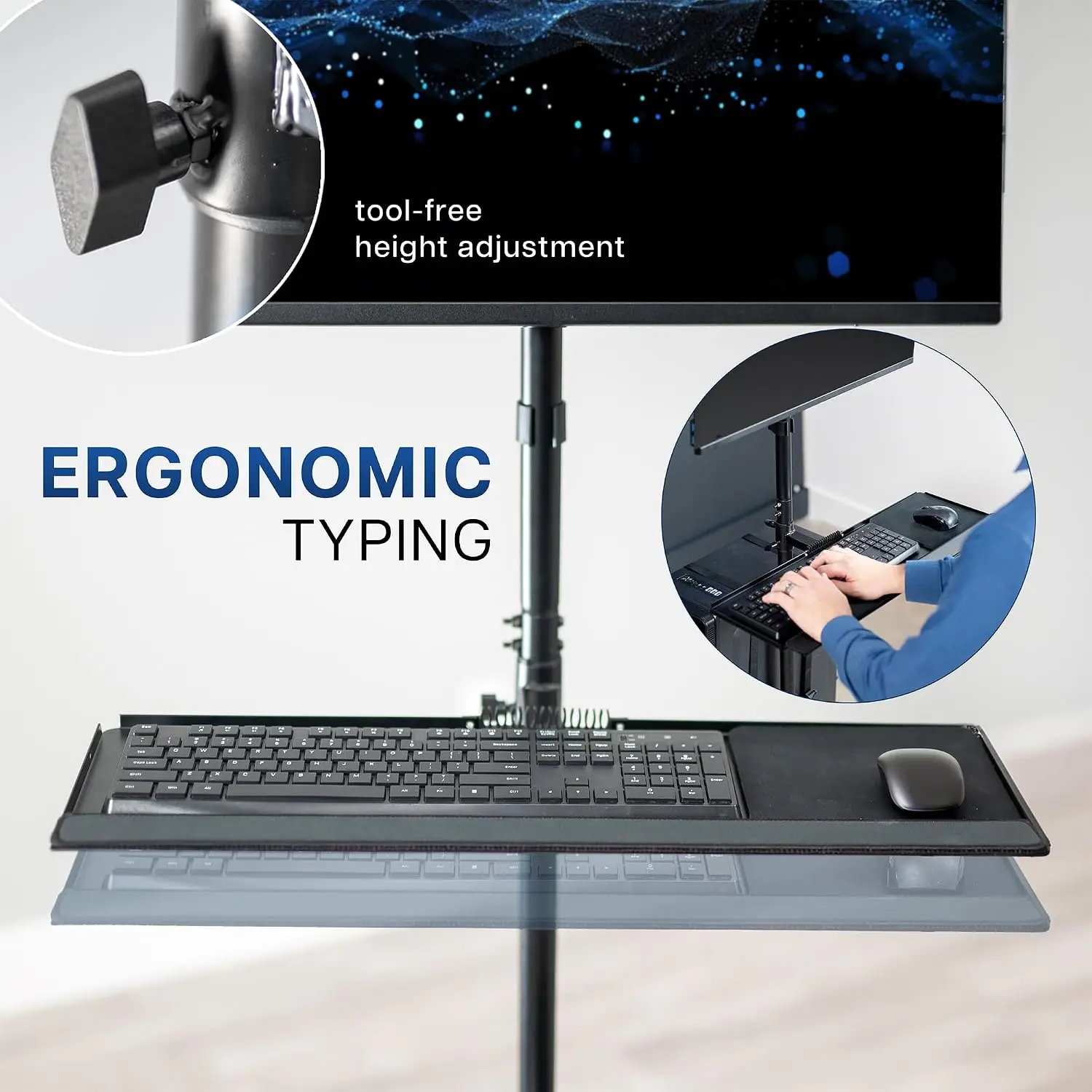 Black Rolling Computer Cart With Monitor Mount For 17 To 32 Inch Screens, Portable PC Desk Workstation, Full Keyboard Tray, Adjustable CPU Holder, Rolling Mobile Office Cart Set view 8