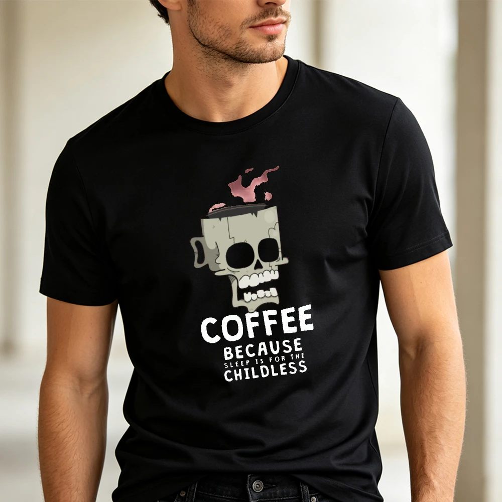 Coffee Skull Slogan Graphic T Shirt Man Tired Parent Meme Tee Summer Casual Office Top Witty Coffee Lover Pun Shirt