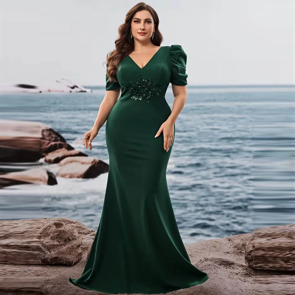

Customized Luxury Mother of Bride Dresses Short Sleeve Applique Elegant Long Green Cocktail Gown Wedding Party Dresses