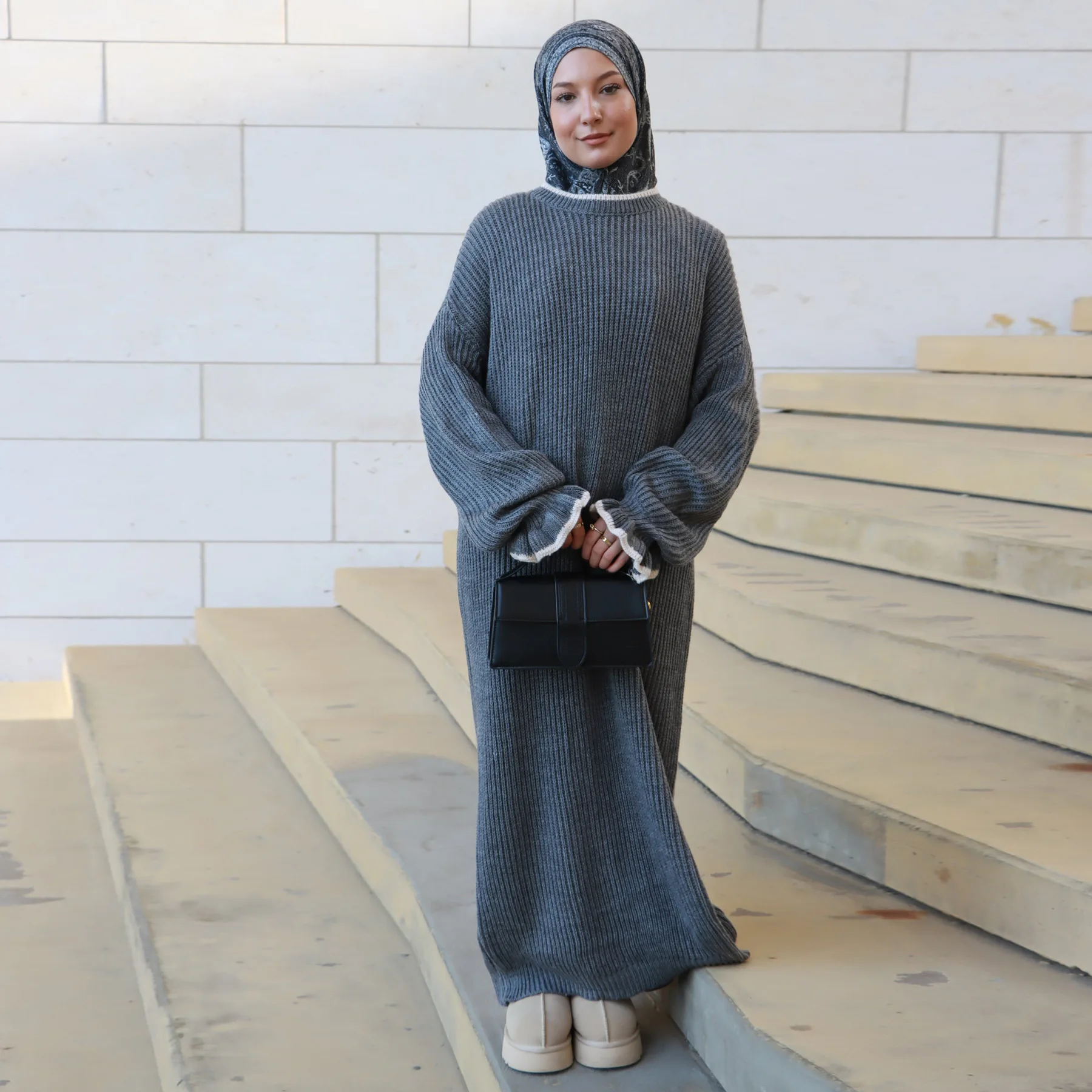 Dubai Middle East Autumn Winter Knitted Long Dress Modest Muslim Women Sweater Dresses Turkey Kaftan Ramadan Abaya Caftan Robe