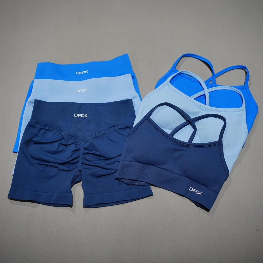 2026 Trend DFDK Women Lace Up Sports Bra Matching Set Seamless High Waist Butt Lifting Short Leggings Yoga Running Fitness Suit
