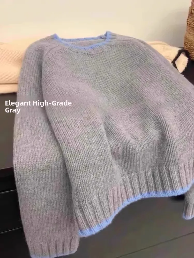 Autumn Winter Thickened Australian Merino Wool round Neck Spliced Sweater Loose Casual Lazy Base Shirt Top Color Block Knitwear