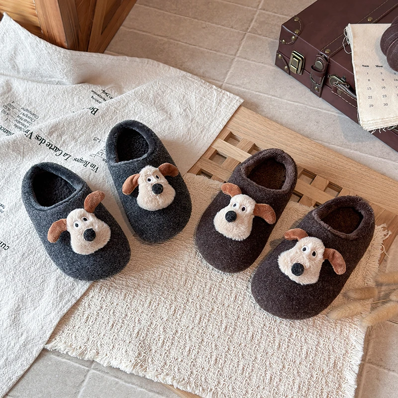 Kids Slippers with Cute Dog Girls Casual Shoes Round Toes Soft Bottom 2026 Winter New Children Flat Shoes Non-slip Versatile