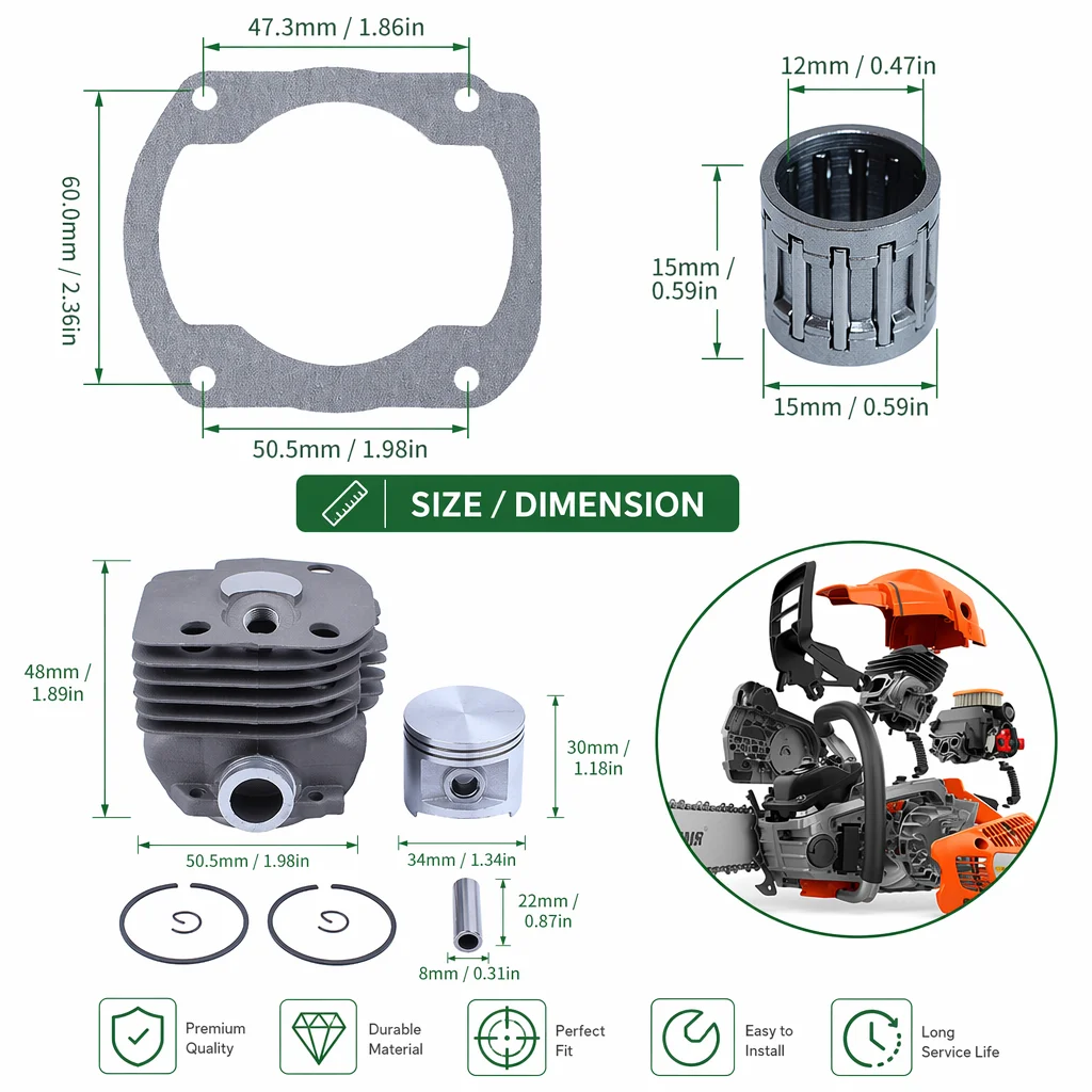 Nikasil Plated Cylinder Piston Bearing Gasket 50mm Kit For Husqvarna 365 371 372 XP 362 Chainsaw Replaces OEM 503939372 Parts