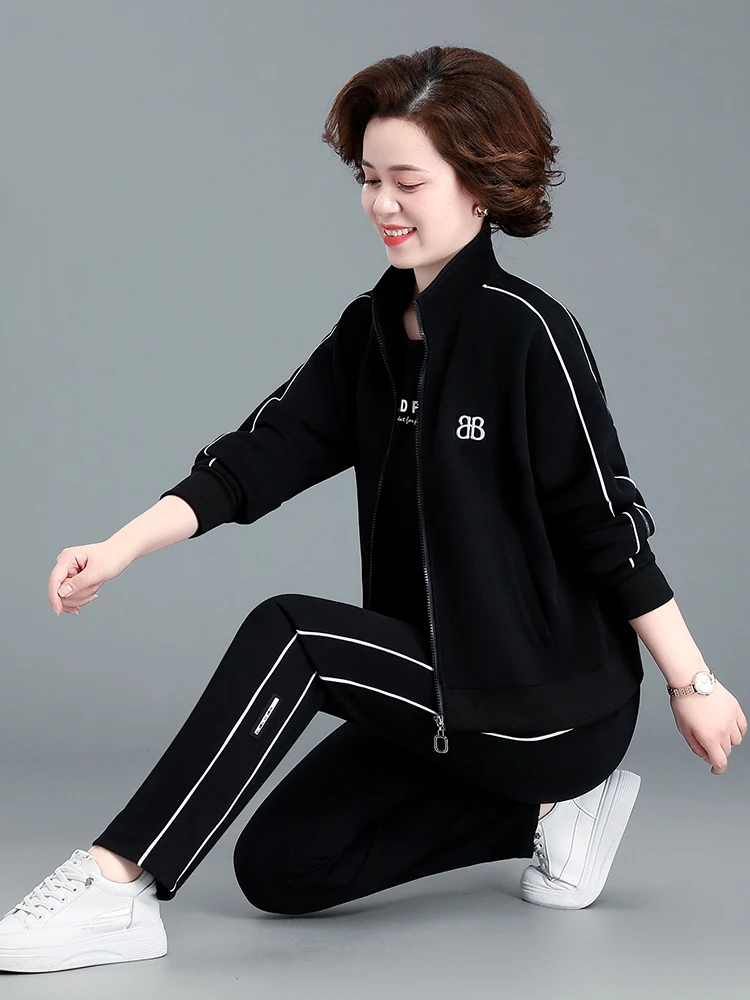 

Модный спортивный костюм для женщин среднего возраста, весна-осень, новая коллекция, стильный женский верхний комплект из двух предметов, скрывающий живот