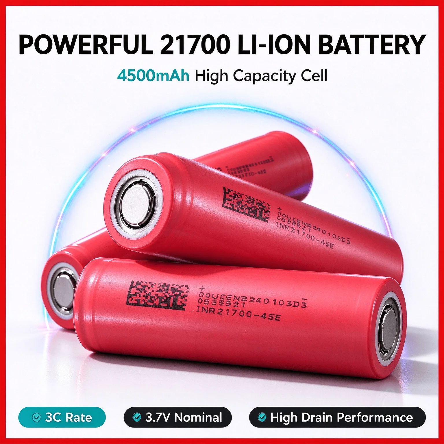 21700 Li-Ion Battery 4500mAh 3.7V Powerful High Capacity Cell 3C Rate High Drain Performance Flat-Top For Torches Power Bank
