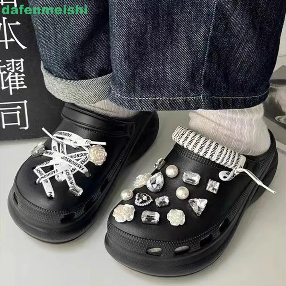 Slip On Women Slippers Diamond Bling Bling Cross Strap Ventilation Holes Black Fashion New Sandals 2024 Summer Casual Slides