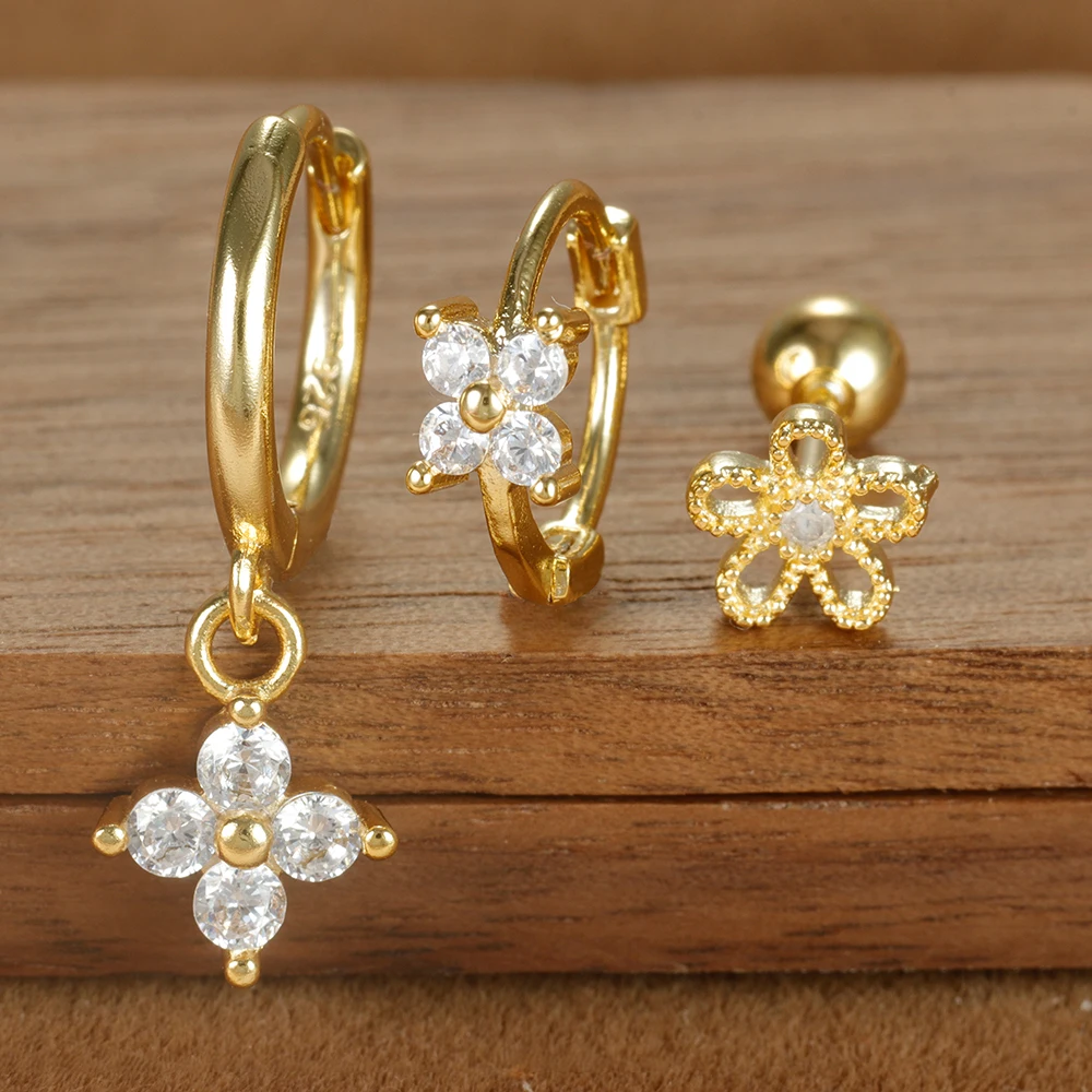 3PCS Simple Four Flower Zircon Little Hoop Earring Stainless Steel Star Cartilage Piercing Earring Set for Women Fashion Jewelry