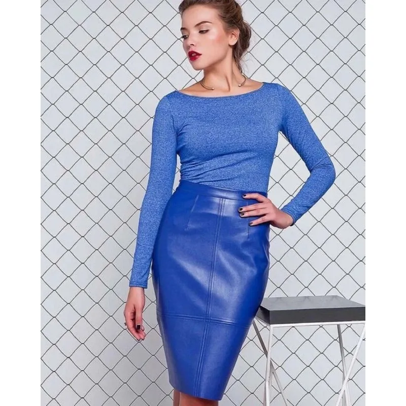 

Women Skirt Blue Handmade Leather Genuine Lambskin Stylish Party Wear Soft