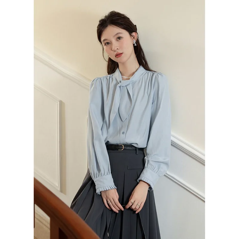 Traje de camisa azul aguamarina Primavera y otoño Diseño elegante Cintura