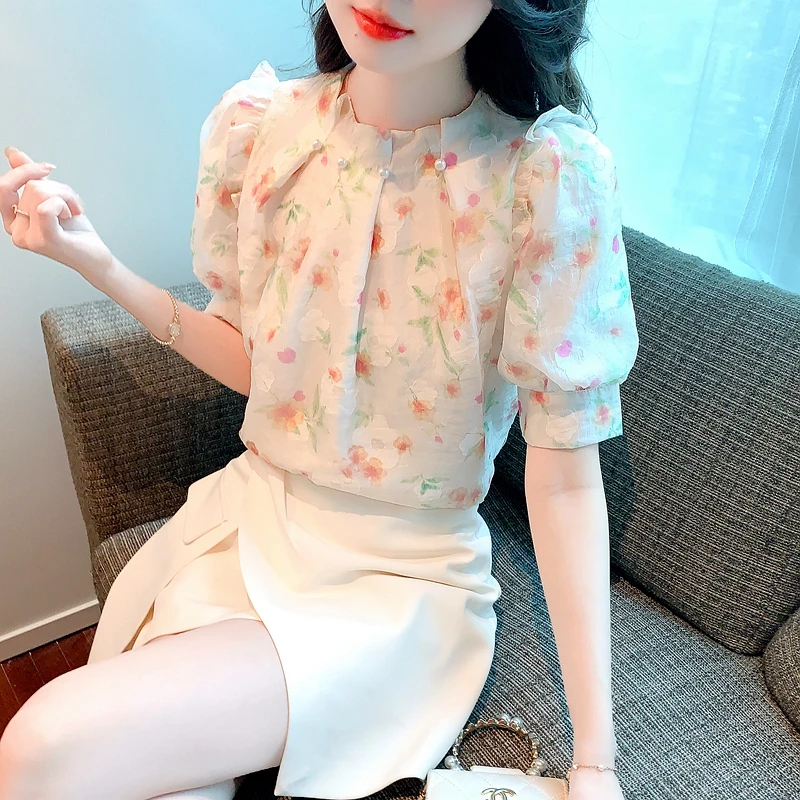 New Summer Women Tops Print Chiffon Blouse Shirt Blusas Mujer De Moda 2024 Verano Elegantes Short Sleeve Blouse Women Tops G518