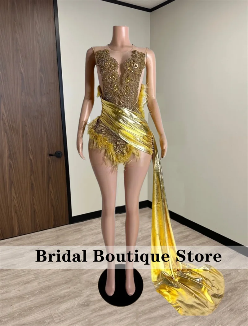 Glitter Gold Diamond Prom Dress For Black Girls Beads Crystal Feather Birthday Party Cocktail Senior Homecoming Customized