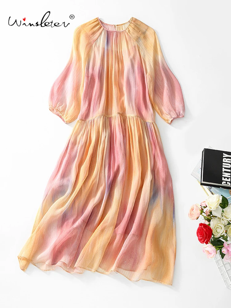 

Winsleter-Women 95%Silk 5%Polyester Elegant Dress, O Neck Halo Printing, French Two-piece Set Dresses, 2025 Summer New D57172CC