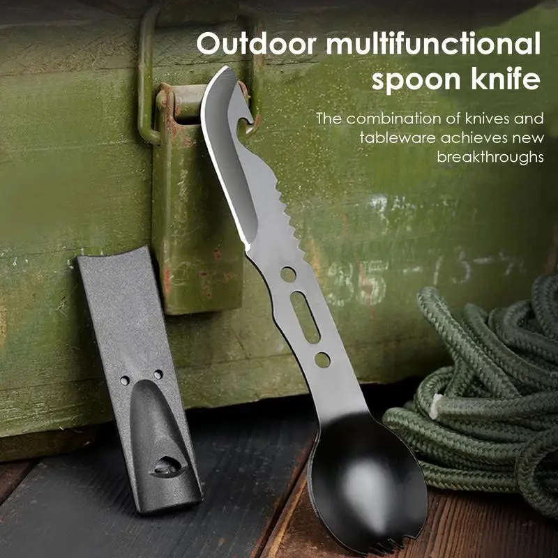 Multifunctional Camping Fork Camping Can Opener Spoon Fork Cutter Combo Camping Spoon Fork Cutter Bottle Opener And Whistle For